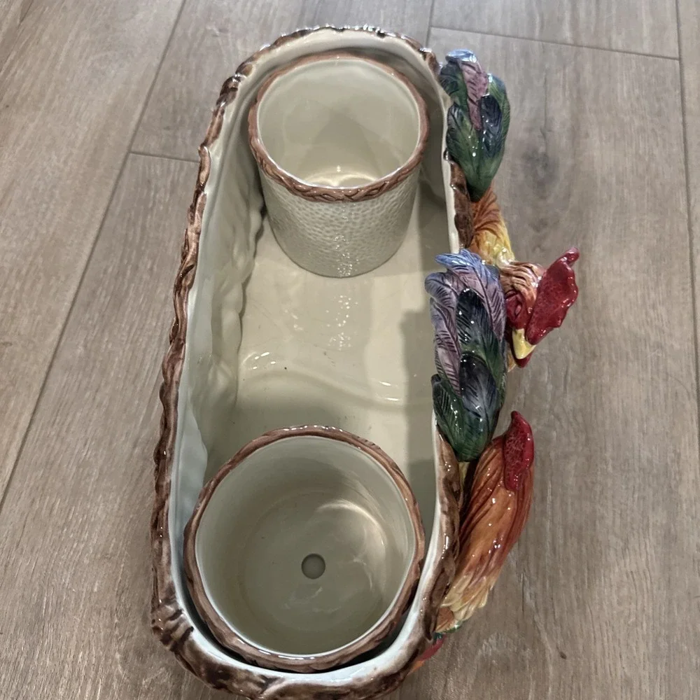 RARE Vintage Fitz and Floyd Coq Du Village‎ Rooster 2 Herb Pots and Tray Planter